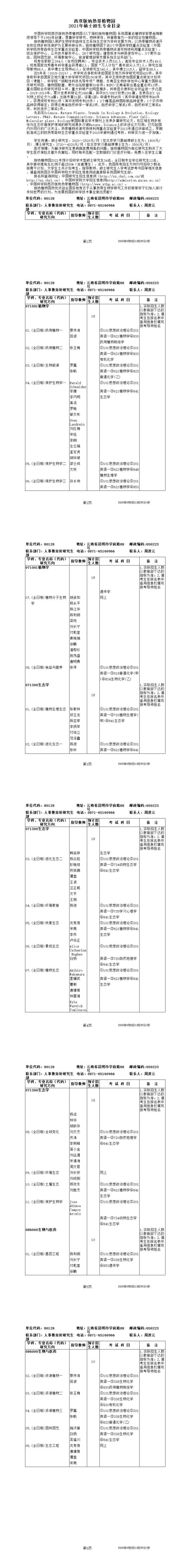 中國科學院西雙版納熱帶植物園2021年碩士研究生招生專業(yè)目錄