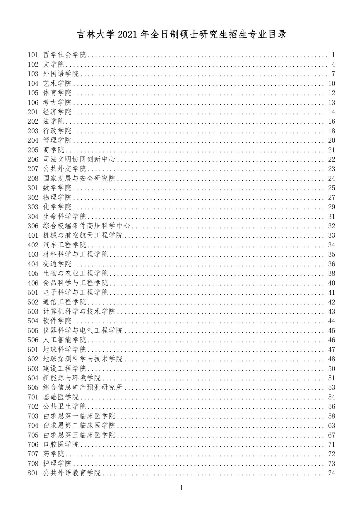 吉林大學(xué)2021年全日制碩士研究生招生專業(yè)目錄