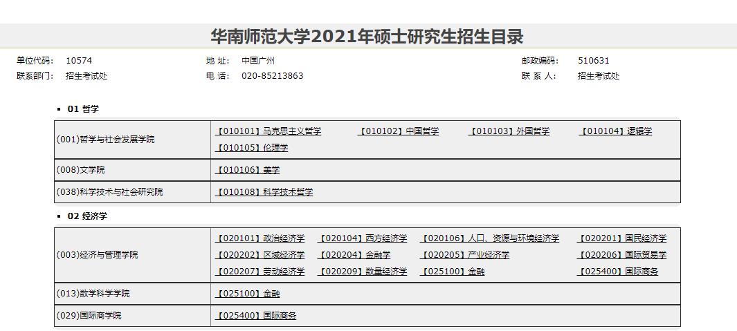 2021考研專業(yè)目錄：華南師范大學(xué)2021年碩士研究生招生目錄