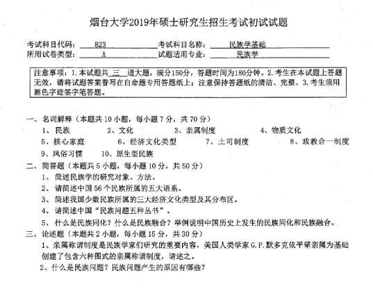 考研真題：2019年煙臺大學(xué)馬克思主義學(xué)院碩士研究生招生考試初試自命題-823民族學(xué)基礎(chǔ)