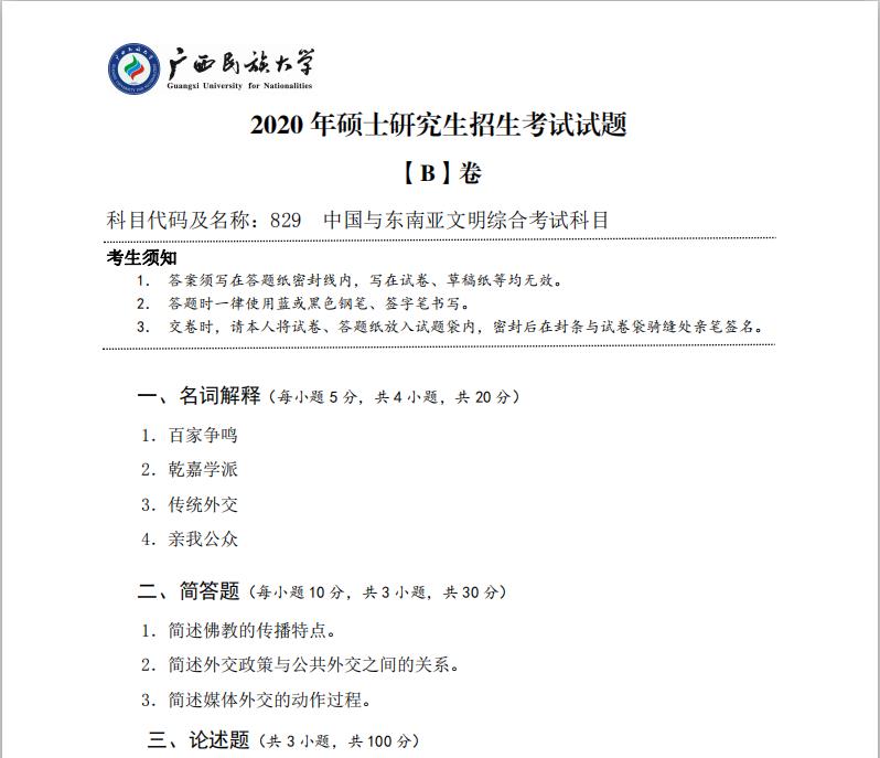 考研真題：廣西民族大學(xué)2020年碩士研究生招生考試試題829中國與東南亞文明綜合