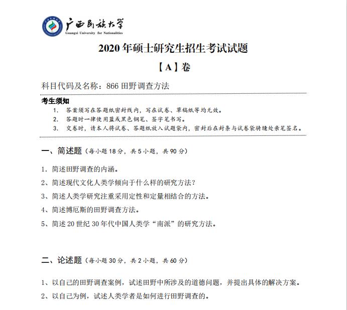 考研真題：廣西民族大學(xué)2020年碩士研究生招生考試試題866田野調(diào)查方法