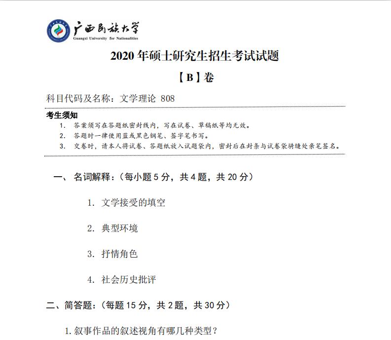 考研真題：廣西民族大學(xué)2020年碩士研究生招生考試試題808文學(xué)理論