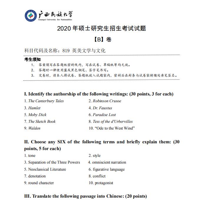 考研真題：廣西民族大學(xué)2020年碩士研究生招生考試試題819英美文學(xué)與文化