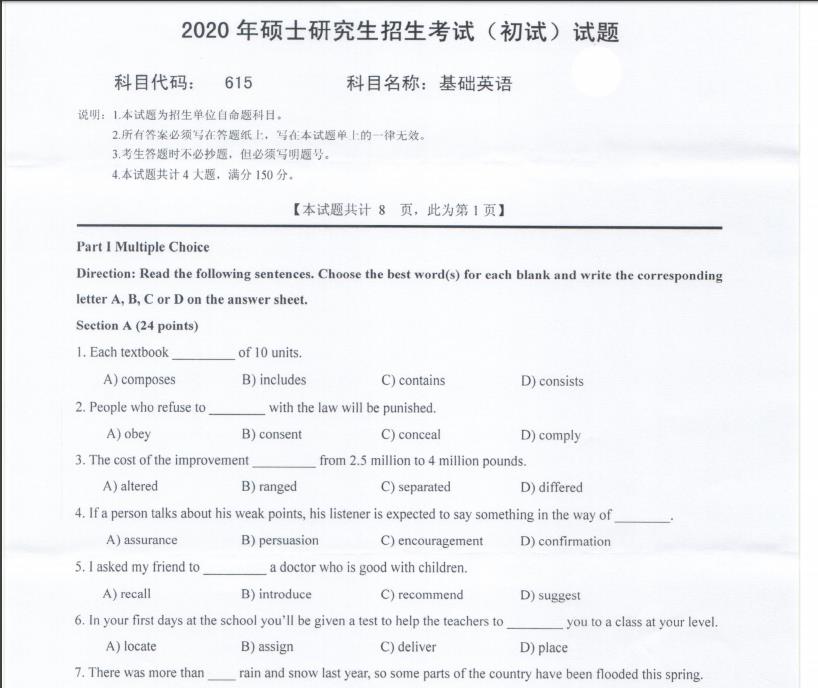 考研真題：西南科技大學(xué)2020年碩士自命題試題615基礎(chǔ)英語(yǔ)