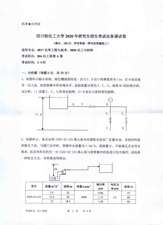 考研真題：四川輕化工大學(xué)2020年碩士自命題真題804化工原理