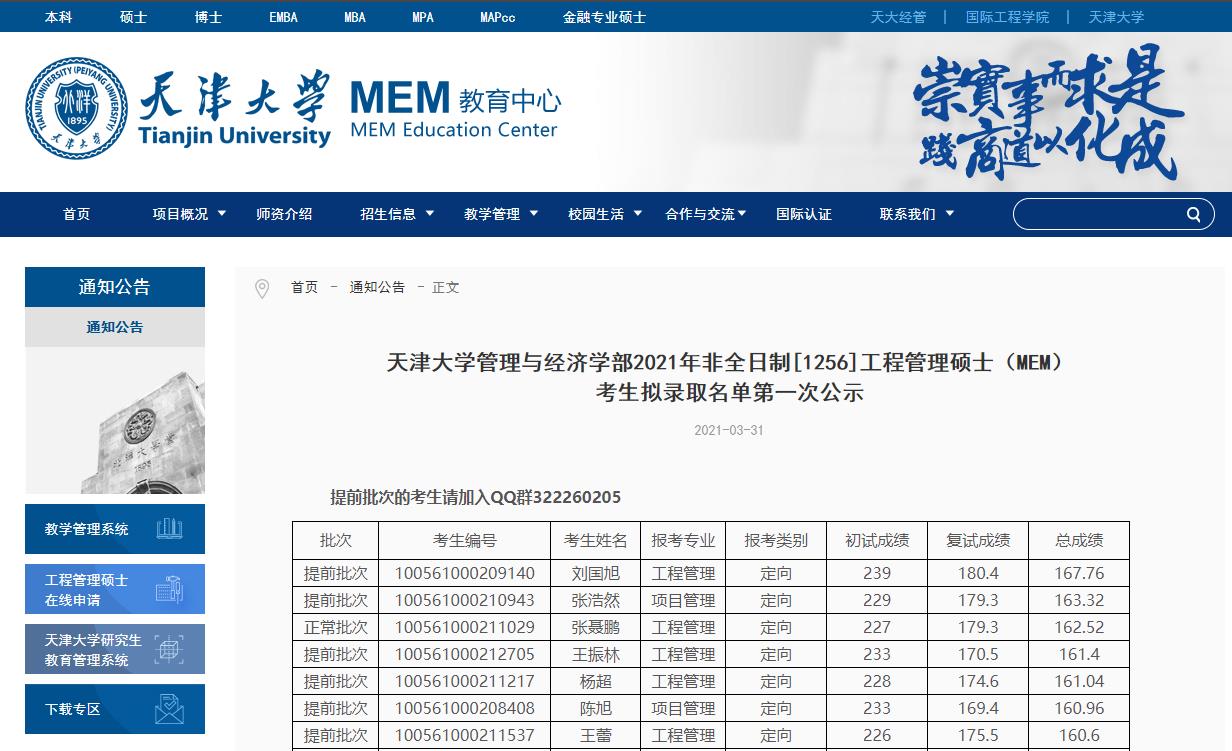 2021考研擬錄取名單：天津大學(xué)管理與經(jīng)濟學(xué)部2021年非全日制[1256]工程管理碩士（MEM）考生擬錄取名單第一次公示